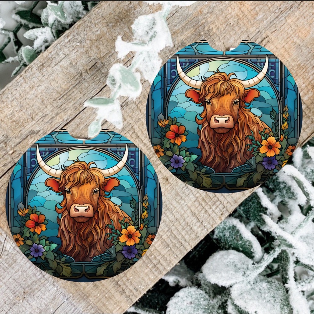 Handmade Highland Cow Car Coasters | New Set Of Two Car Coasters